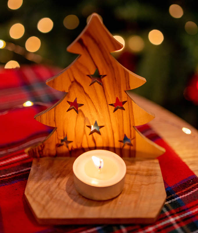 olive wood Christmas tree candle holder