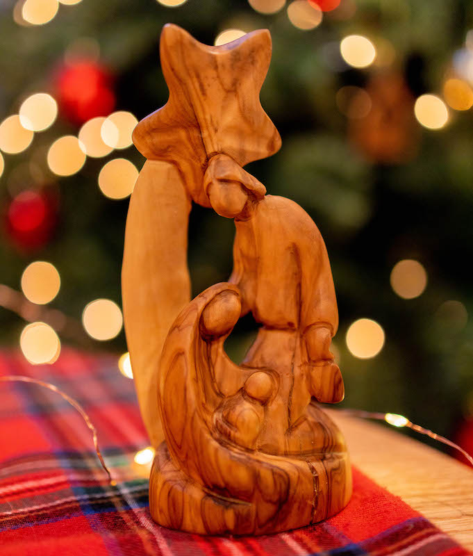 olive wood one-piece nativity scene with star above