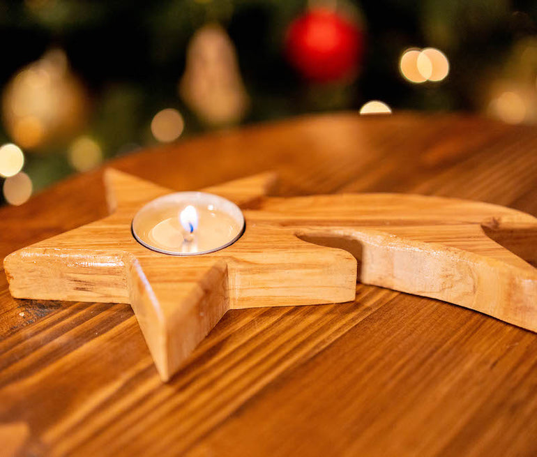 olive wood shooting star candle holder