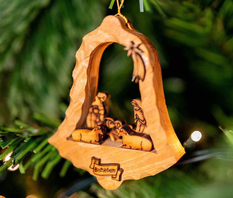 olive wood bell ornament nativity scene