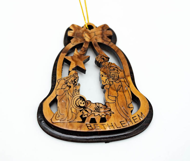 olive wood bell ornament